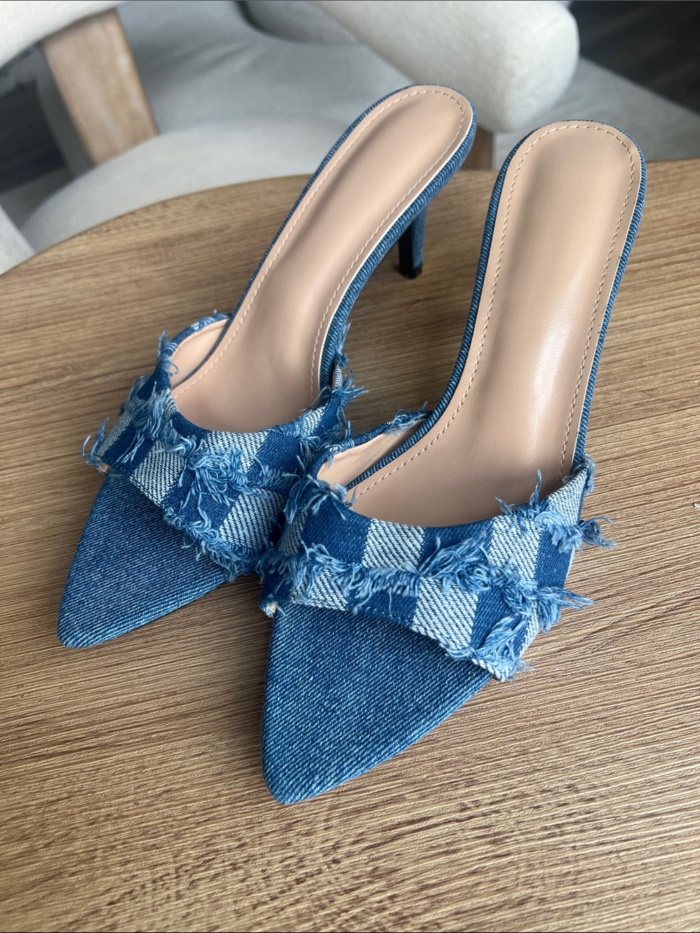 Denim Pointed-Toe Mule Heels - Blue